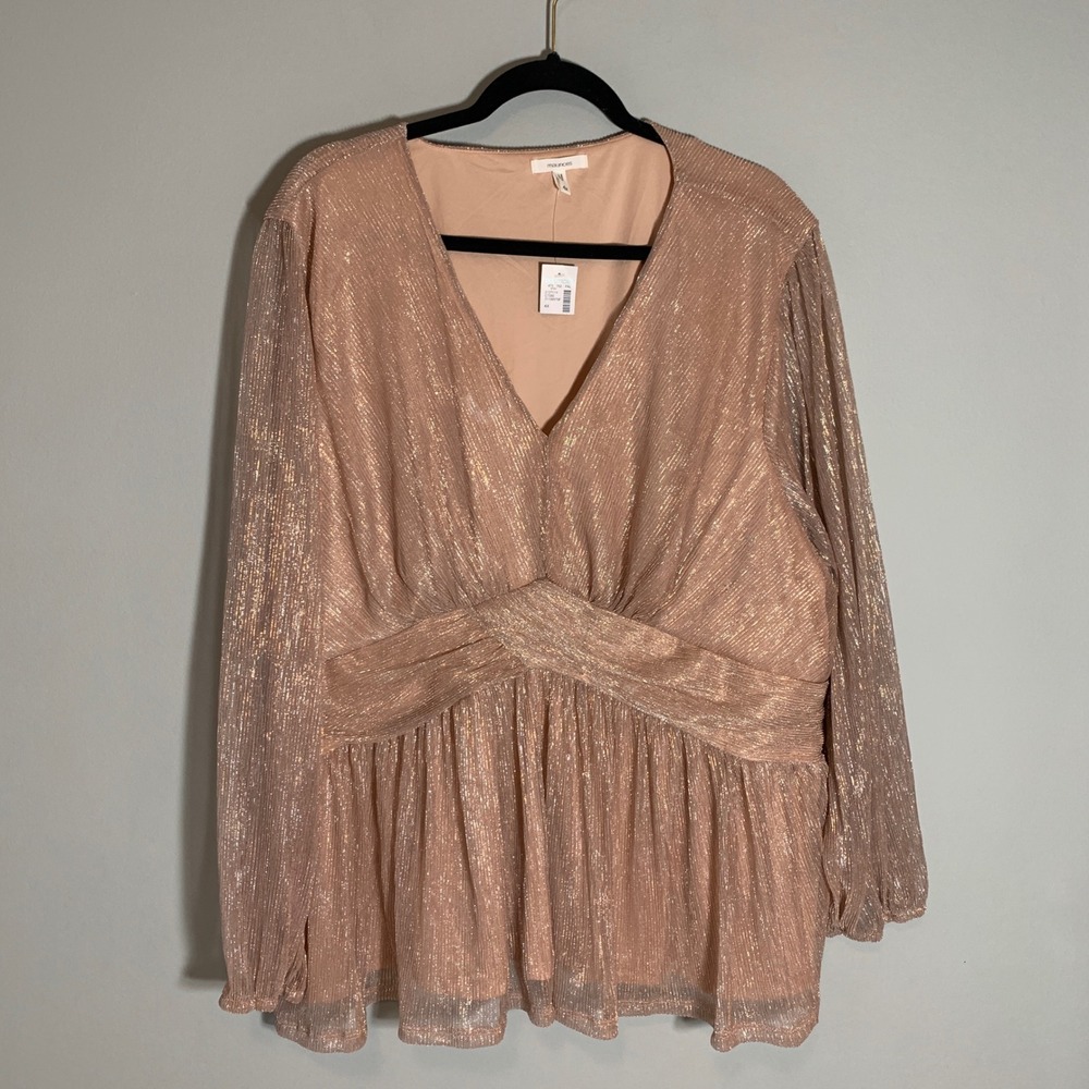 NEW Maurices 4X Rose Gold Metallic Ruched V‎ Neck Peplum Long Sleeve Top Blouse